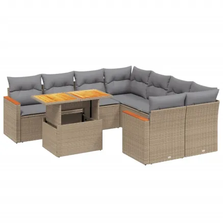 Salon de jardin avec coussins 9 pcs beige résine tressée 2