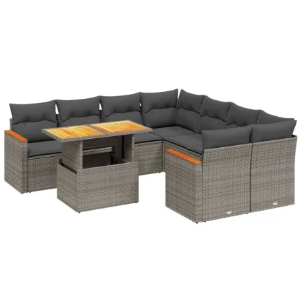 Salon de jardin 9 pcs avec coussins gris résine tressée 2