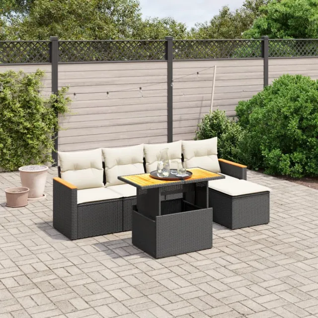 Salon de jardin 6 pcs avec coussins noir résine tressée