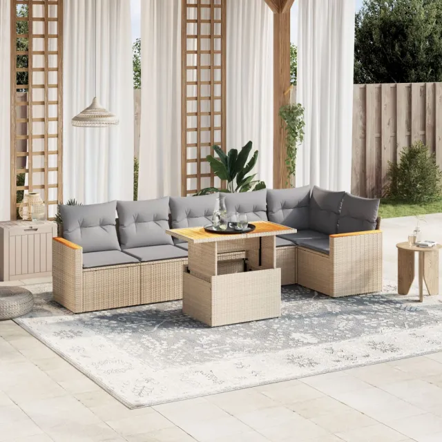 Salon de jardin avec coussins 7 pcs beige résine tressée
