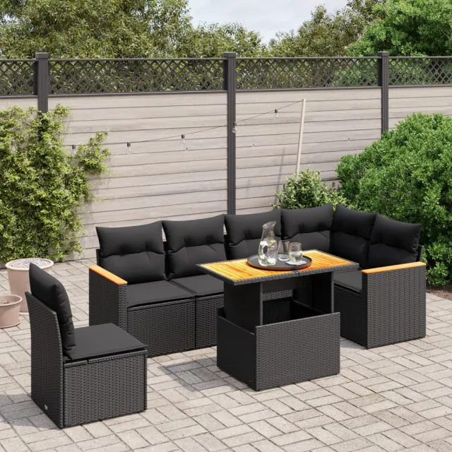 Salon de jardin 7 pcs avec coussins noir résine tressée