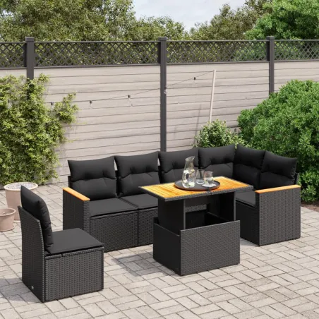 Salon de jardin 7 pcs avec coussins noir résine tressée