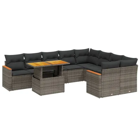 Salon de jardin avec coussins 10 pcs gris résine tressée