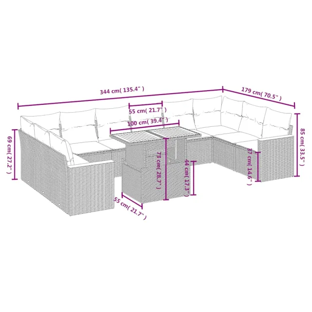 Salon de jardin 11 pcs avec coussins beige résine tressée