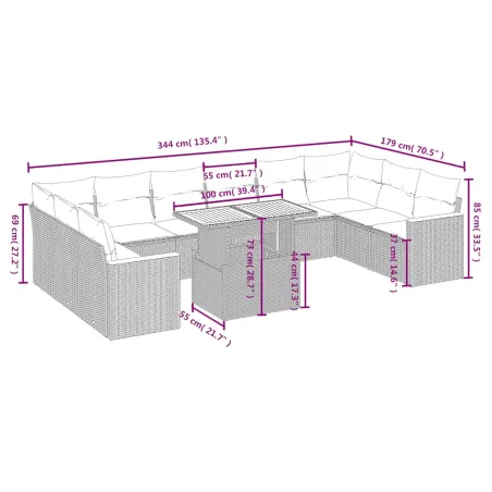 Salon de jardin 11 pcs avec coussins beige résine tressée