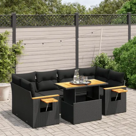 Salon de jardin 7 pcs avec coussins noir résine tressée