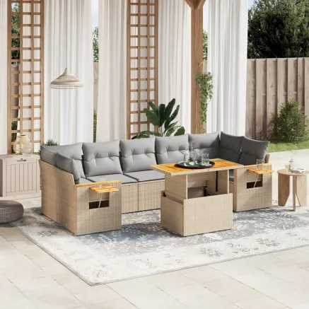 Salon de jardin avec coussins 8 pcs beige résine tressée