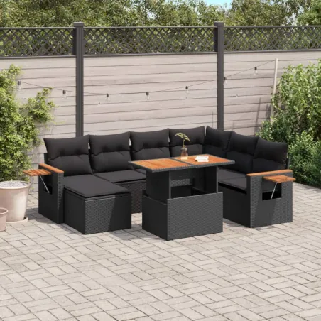 Salon de jardin 8 pcs avec coussins noir résine tressée