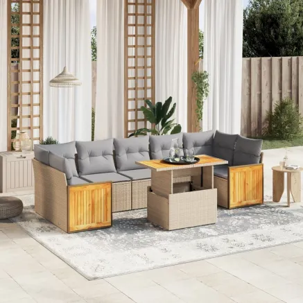 Salon de jardin avec coussins 8 pcs beige résine tressée