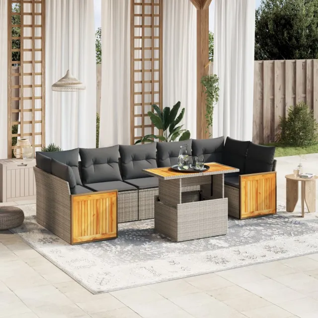 Salon de jardin 8 pcs avec coussins gris résine tressée