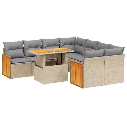 Salon de jardin avec coussins 9 pcs beige résine tressée 2