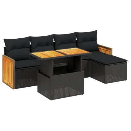 Salon de jardin 6 pcs avec coussins noir résine tressée 2