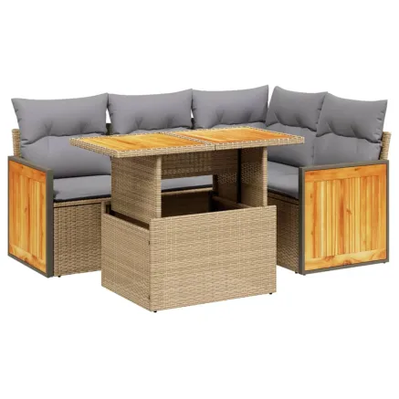 Salon de jardin avec coussins 5 pcs beige résine tressée 2