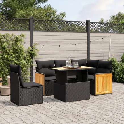 Salon de jardin 6 pcs avec coussins noir résine tressée