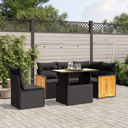 Salon de jardin 6 pcs avec coussins noir résine tressée