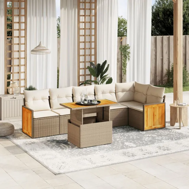 Salon de jardin avec coussins 7 pcs beige résine tressée