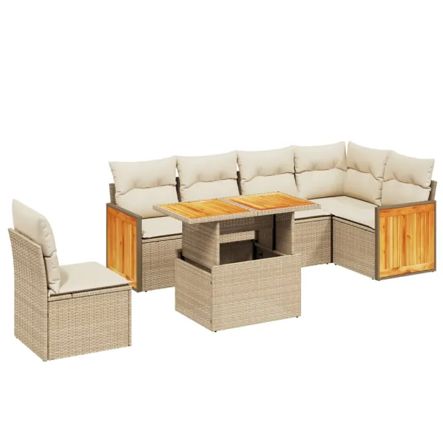 Salon de jardin avec coussins 7 pcs beige résine tressée