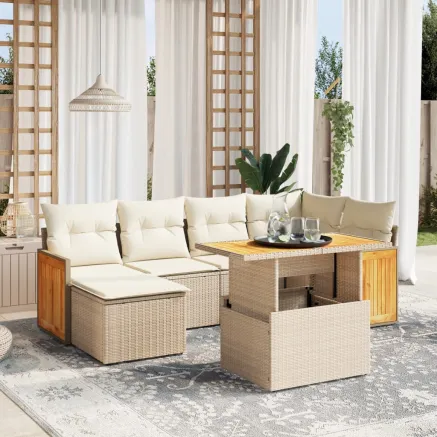 Salon de jardin avec coussins 7 pcs beige résine tressée