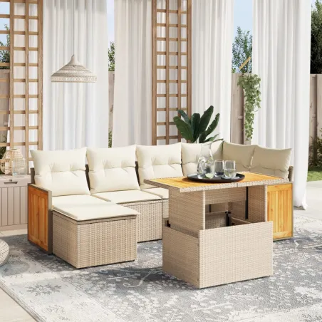 Salon de jardin avec coussins 7 pcs beige résine tressée