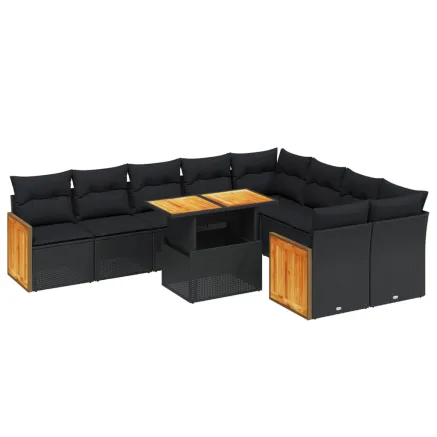 Salon de jardin 10 pcs avec coussins noir résine tressée 2