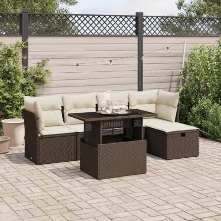 Salon de jardin avec coussins 6 pcs marron résine tressée