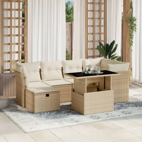 Salon de jardin avec coussins 7 pcs beige résine tressée