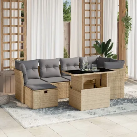 Salon de jardin avec coussins 7 pcs beige résine tressée