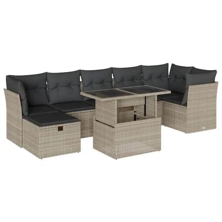 Salon de jardin 8 pcs avec coussins gris clair résine tressée