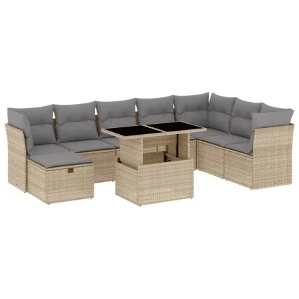 Salon de jardin avec coussins 9 pcs beige résine tressée 2