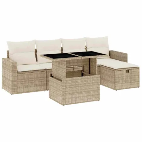 Salon de jardin avec coussins 6 pcs beige résine tressée