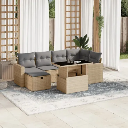 Salon de jardin avec coussins 7 pcs beige résine tressée