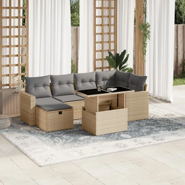 Salon de jardin avec coussins 7 pcs beige résine tressée