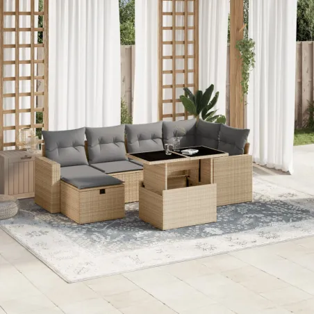 Salon de jardin avec coussins 7 pcs beige résine tressée