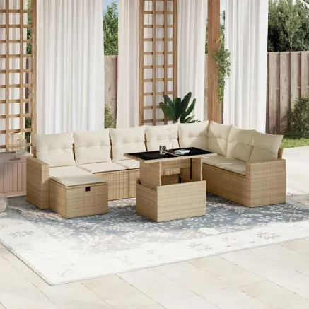 Salon de jardin avec coussins 9 pcs beige résine tressée