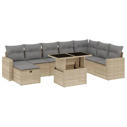 Salon de jardin avec coussins 9 pcs beige résine tressée 2