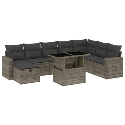 Salon de jardin 9 pcs avec coussins gris résine tressée 2