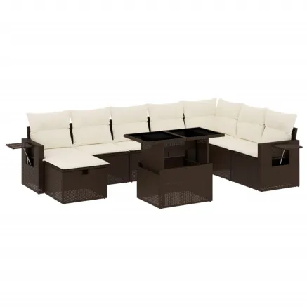 Salon de jardin avec coussins 9 pcs marron résine tressée 2