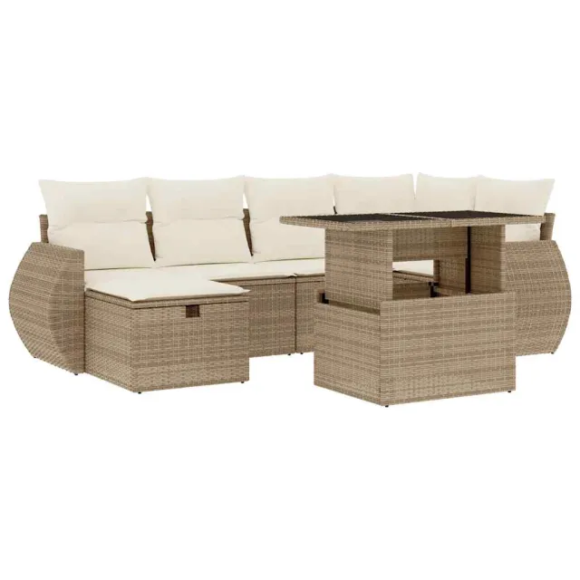 Salon de jardin avec coussins 7 pcs beige résine tressée