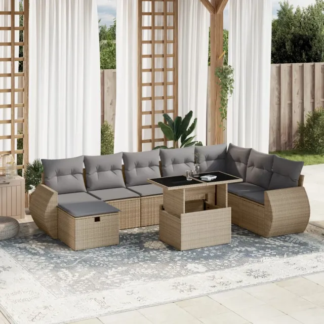 Salon de jardin avec coussins 9 pcs beige résine tressée