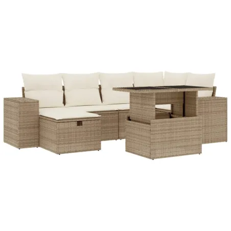 Salon de jardin avec coussins 7 pcs beige résine tressée