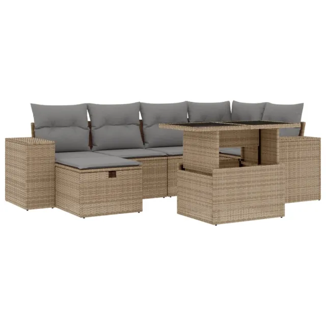Salon de jardin avec coussins 7 pcs beige résine tressée