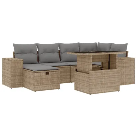 Salon de jardin avec coussins 7 pcs beige résine tressée
