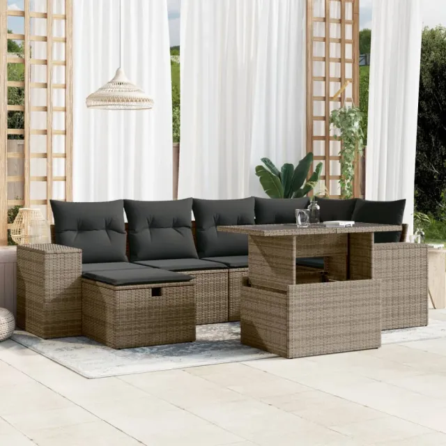 Salon de jardin avec coussins 7 pcs gris résine tressée