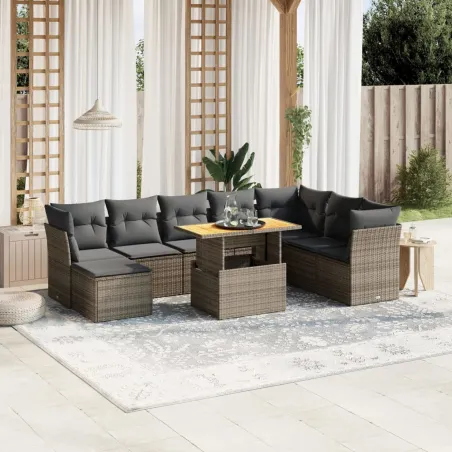 Salon de jardin 9 pcs avec coussins gris résine tressée