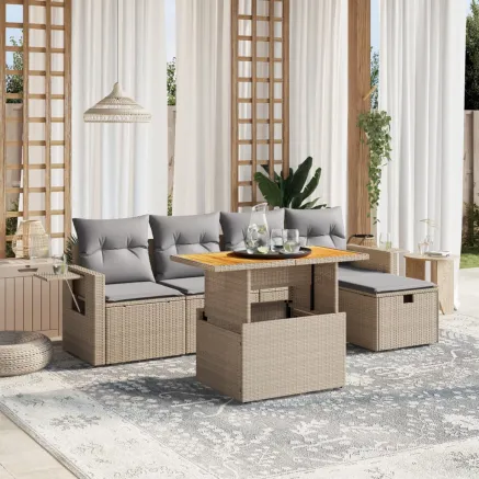 Salon de jardin avec coussins 6 pcs beige résine tressée