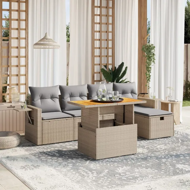 Salon de jardin avec coussins 6 pcs beige résine tressée