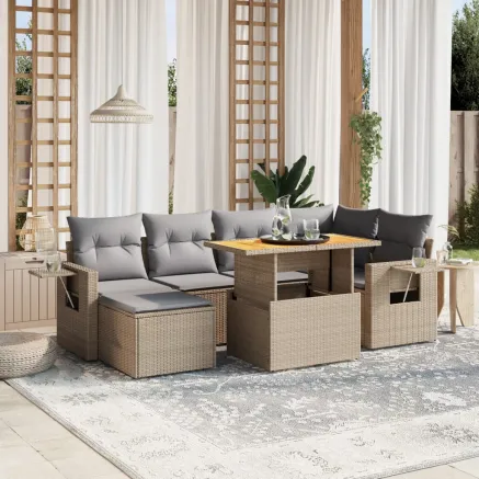 Salon de jardin avec coussins 7 pcs beige résine tressée