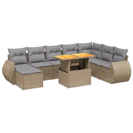 Salon de jardin avec coussins 9 pcs beige résine tressée 2