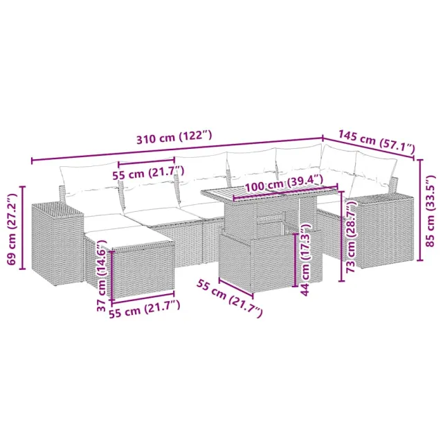 Salon de jardin avec coussins 8 pcs beige résine tressée