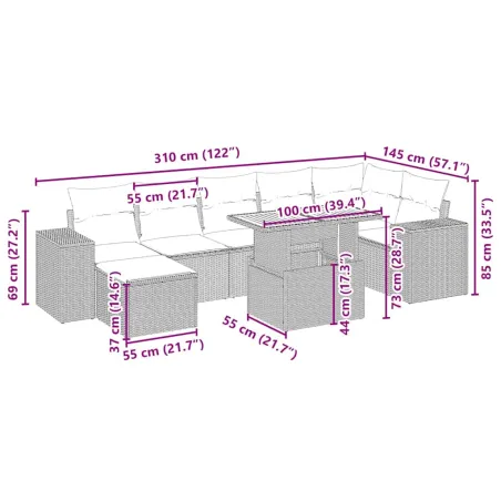 Salon de jardin avec coussins 8 pcs beige résine tressée